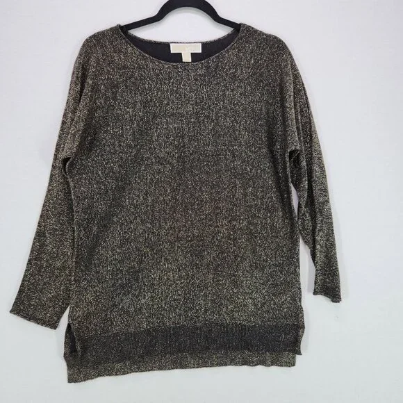 Michael Kors Top Pullover Sweater Medium Shimmer Gold Black Metallic Long Sleeve - Picture 1 of 11